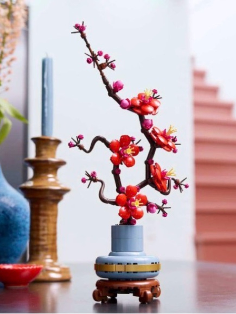 Lego Red Plum Blossom Faux Floral Branch with Pink Buds